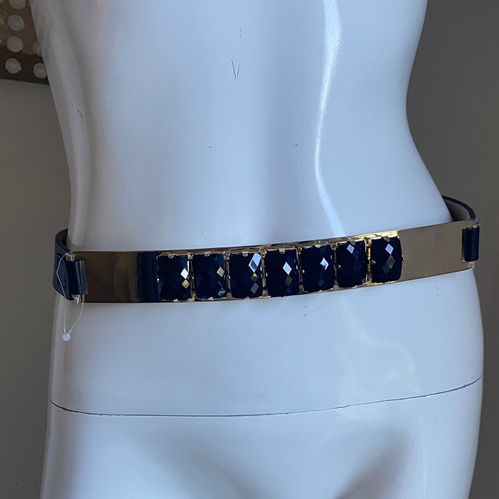 Elegant Elastic Gold and Black Rhinestone Embellished Statement Waist Belt